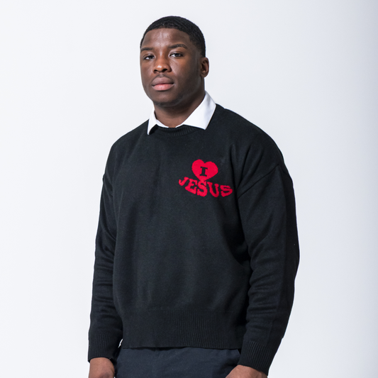 'I Love Jesus' Knit Sweater - Midnight Black (Oversized)