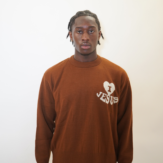 'I Love Jesus' Knit Sweater - Chocolate Brown (Oversized)