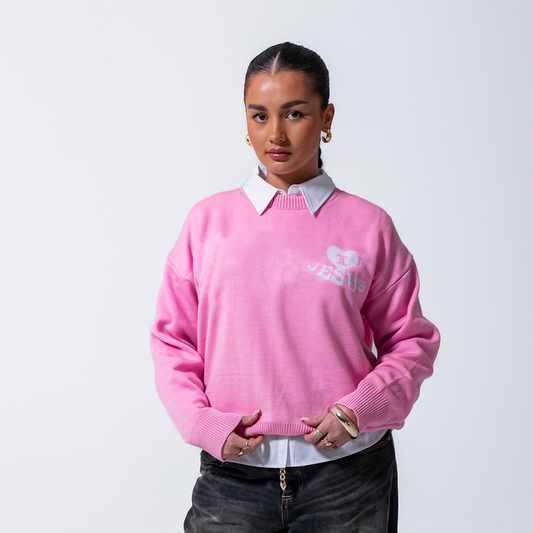 'I Love Jesus' Knit Sweater - Icy Pink