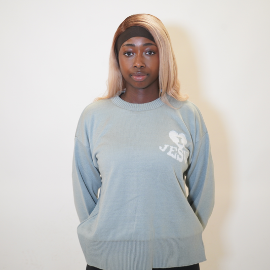 'I Love Jesus' Knit Sweater - Silver Grey (Oversized)